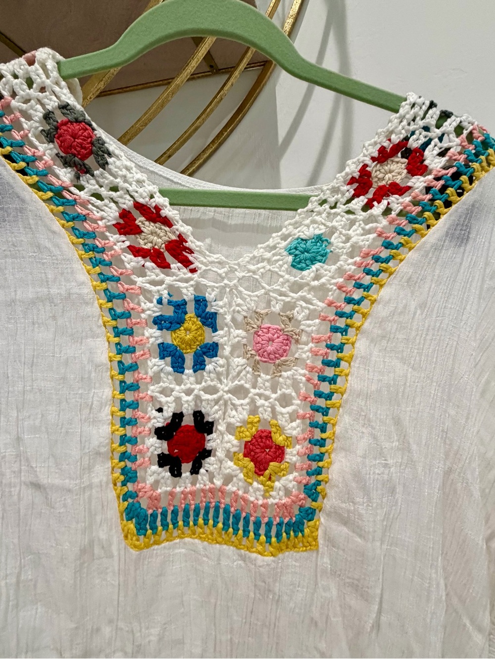 White Crochet Yoke Tunic with Colorful Floral Accents